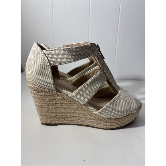 Wedge Platform Sandals Nude Tan Peep Toe Espadrille Dressy Gold Zip Sz 7 NWOT - Picture 8 of 16